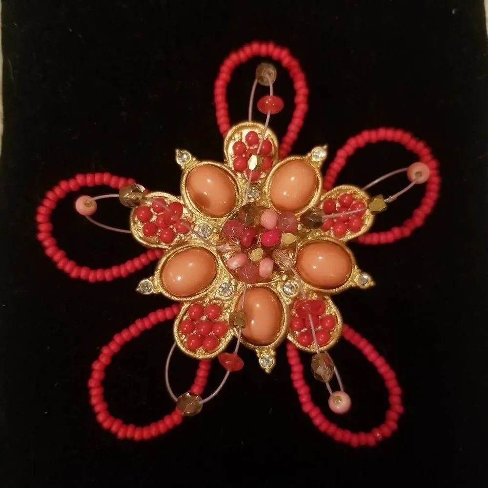 Chico's Flower Brooch Beads Rhinestones 3D Pin